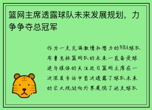 篮网主席透露球队未来发展规划，力争争夺总冠军
